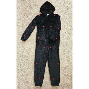 Victorias Secret PINK Plush Hoodie One Piece Lounger XS/S Black Hearts Cute Goth